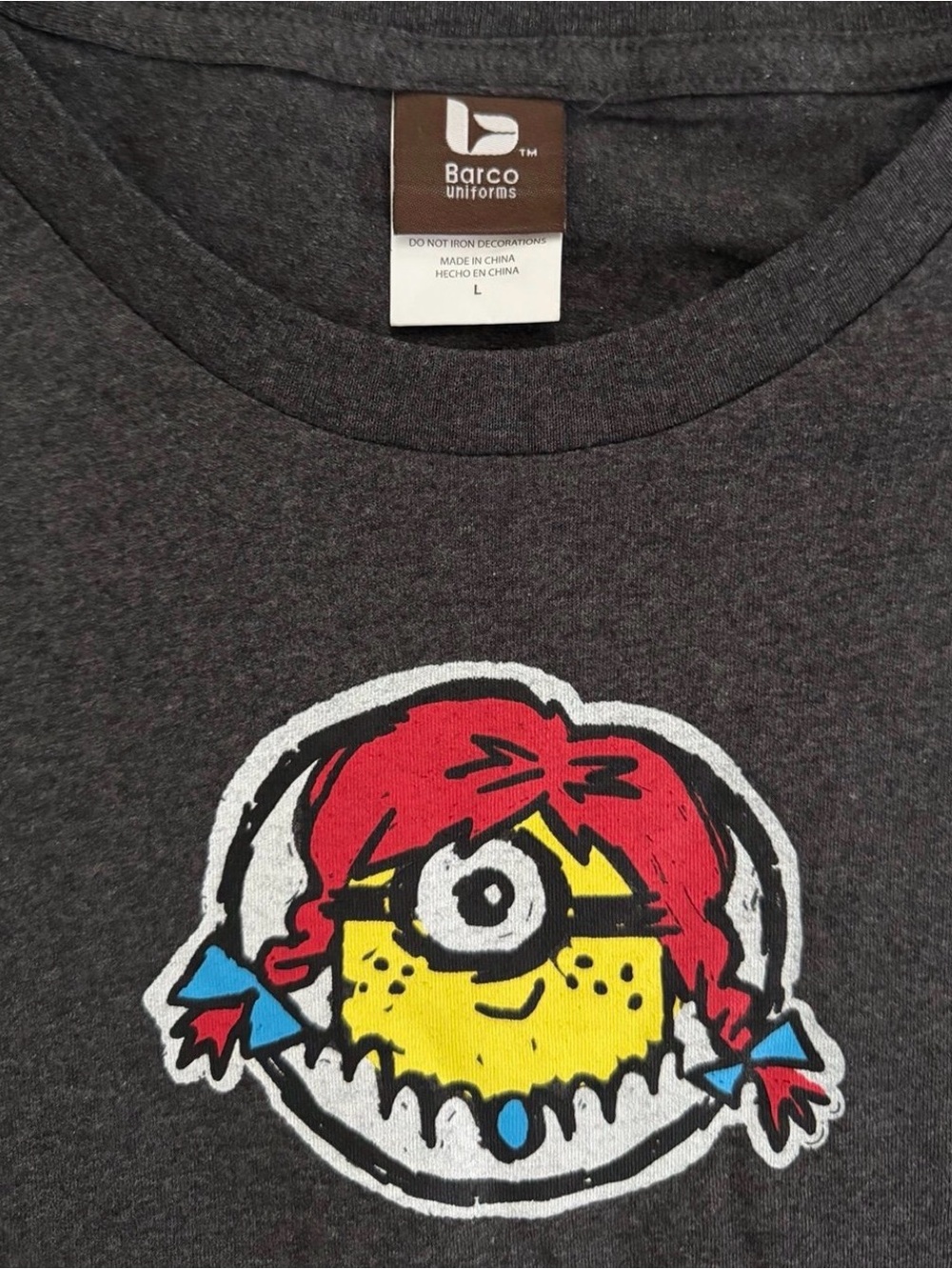 Barco Uniforms Charcoal Graphic Tee with Yellow, Red & Blue Cartoon Face